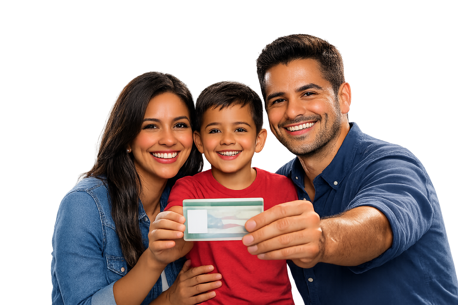 Família feliz segurando o Green Card americano